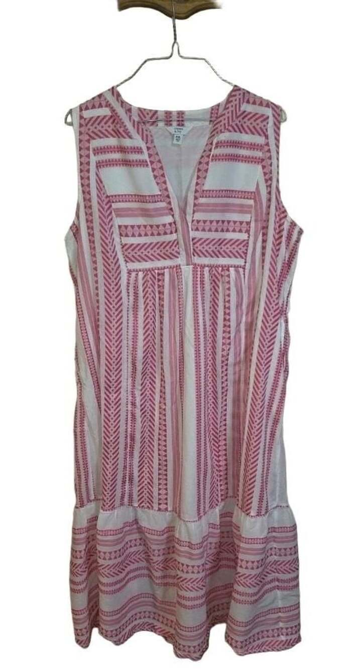 Crown & Ivy Women's Pink and White Geometric Striped Sleeveless Ruffle Dress PXL
